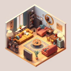 Family room open inside interior architecture. 3d isometric view. AI Generated.
