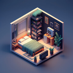 Bedroom open inside interior architecture. 3d isometric view. AI Generated.