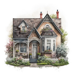Fototapeta na wymiar Cute house facade, cottage country watercolor illustration, isolated on white background. AI Generated. 