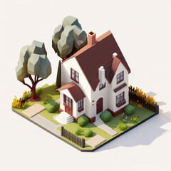 Contemporary isometric house model with land isolated on white background. Generative AI.
