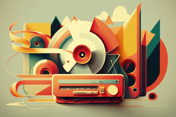 Flat retro design: Vintage music player with records and colorful musical abstractions | Generative AI Production