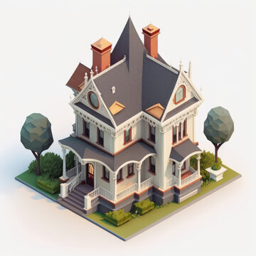 Victorian isometric house model with land isolated on white background. Generative AI.
