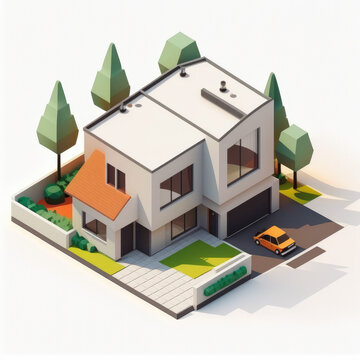 Modern isometric house model with land isolated on white background. Generative AI.