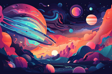 Colorful space background with planets and stars, illustration painting style.