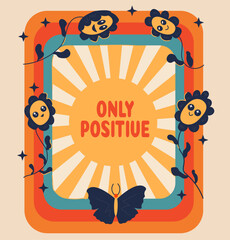 Groovy frame with cartoon flowers and text. Retro vector background with a frame for social media posts, banner, card design, etc.