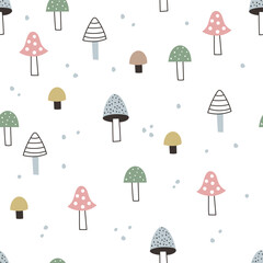vector seamless cute boho pattern with mushrooms