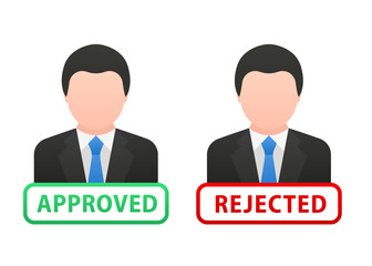 Managers in business suits on a white background, isometric image, status approved or rejected. Approved stamp and rejection stamp. Green approved. Red rejection. Vector illustration