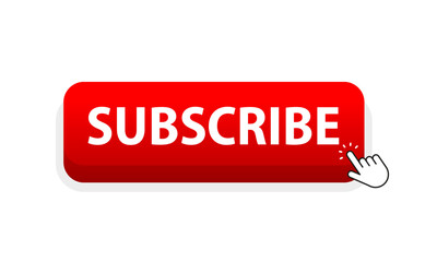 Template subscription button and finger click cursor. Subscription web button mockup. Blogging, promotion. Template subscription red button. Concept of social networks. Marketing. Vector illustration