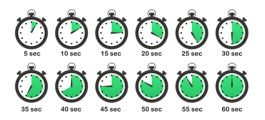 Stopwatch icon set isolated on a white background with shadow. Timer. Chronometer. Countdown 5,10,15,20,25,30,35,40,45,50,55,60 seconds. Sport clock with blue colored time meaning. Vector illustration