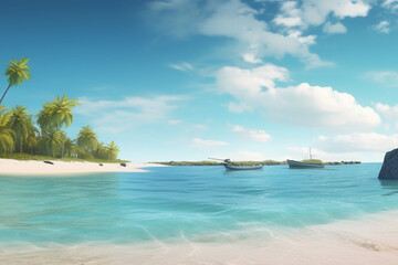 Fototapeta premium Tropical palm beach island with white sand beach and clear blue sky. Background wallpaper or header for travel and tourism purposes.