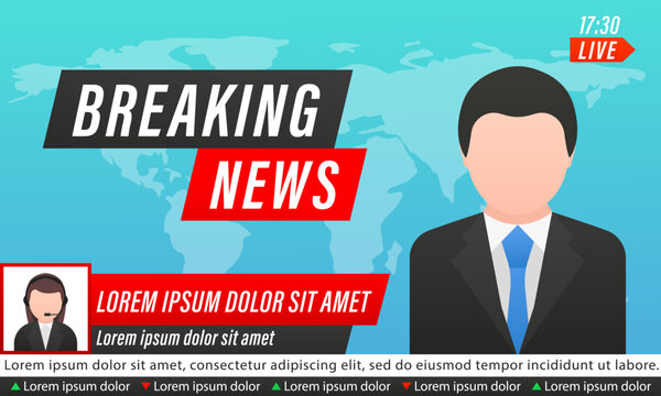 Television studio with a broadcaster and a background image of the world. Latest news on television, broadcast journalist. TV breaking news studio with broadcaster. Breaking news. Vector illustration