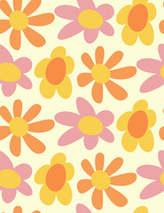 Groovy pattern with colorful flowers. Retro floral vector background surface design, textile. 60s, 70s, 80s style