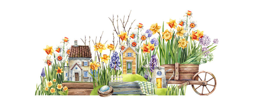 Fairy tale watercolor illustration. Flower street with a spring garden, daffodils, hyacinths, primroses, a wooden cart, old houses and birds. Flowers, cups and houses.