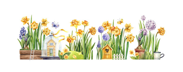 Fairy tale watercolor illustration. Flower street with daffodils, hyacinths, primroses, birdhouses, cups and butterflies. Flowers, cups and houses.