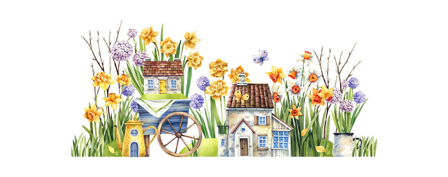Watercolor illustration in vintage style, spring flower street with daffodils, hyacinths and old rural houses.