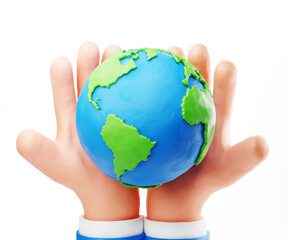 Sustain earth concept: Human plasticine stylised hands holding Earth
