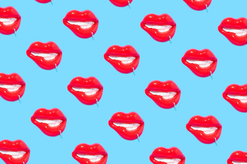 Seamless pattern made of sensual red lips with piercing ring on blue background.