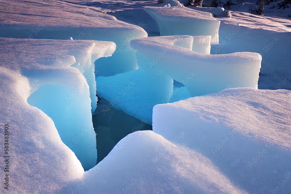 Canvas Prints Snowy arctic landscape with ice cave shining in sun., created with generative ai