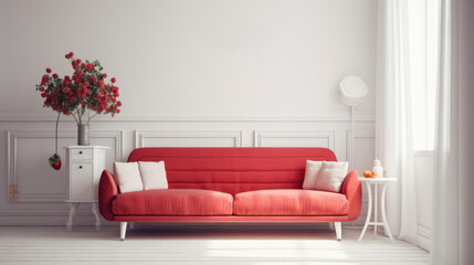 Rotes Sofa in Erdbeer-Textur vor weißer Wand, Generative AI