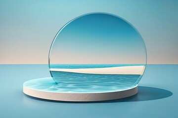 Round platform on water and sand with glass, generative AI