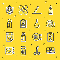 Set line Laptop with cardiogram, X-ray shots, Dialogue the doctor, Medical surgery scalpel, Clinical record, Eye drop bottle, Life insurance hand and Enema icon. Vector