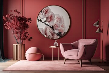 mock up of a circle painting in a fashionable living room with a contemporary pink armchair and a decorative arch with fashionable dried flowers on a dark red wall,. Generative AI