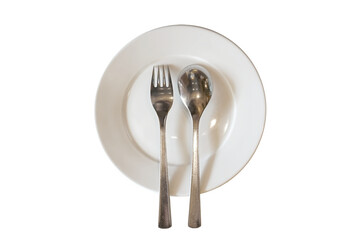 Metal fork and spoon with white dish isolated background.