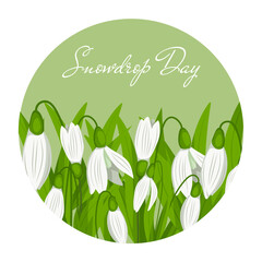 Snowdrop Day card, round frme isolated on white background.