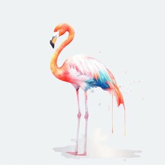 Watercolor Flamingo portrait, painted illustration of a cute pink bird on a blank background, Colorful splashes body, AI generated