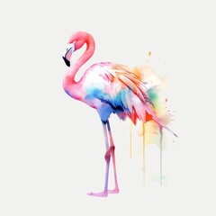 Watercolor Flamingo portrait, painted illustration of a cute pink bird on a blank background, Colorful splashes body, AI generated