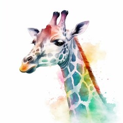 Watercolor Giraffe portrait, painted illustration of a cute safari giraffe on a blank background, Colorful splashes animal head, AI generated