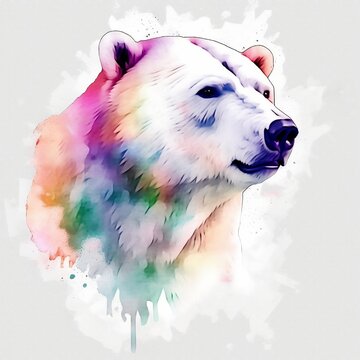 Watercolor Polar bear portrait, painted illustration of a mammal on a blank background, Colorful splashes animal head, AI generated