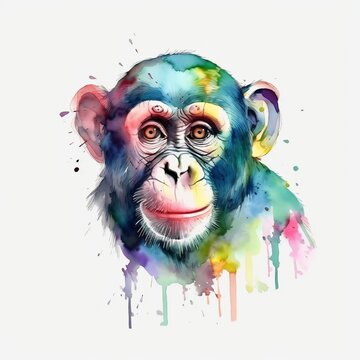Watercolor Monkey portrait, painted illustration of a cute ape on a blank background, Colorful splashes animal head, AI generated