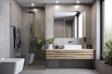 Gray rectangular and diamond tiled bathroom modern. a big shower with a glass rail. Generative AI