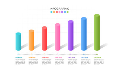 7 Bars chart 3D graph timeline business statistics. The report, Presentation, Data, Milestone, and Infographic. Vector illustration.