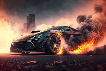 Sports car drifting around a corner, with smoke and dust billowing behind it. Generative of AI