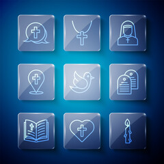 Set line Holy bible book, Christian cross in heart, Burning candle, Nun, Dove, Location church building, and icon. Vector