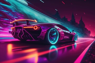Obraz na płótnie Canvas A sleek and futuristic car bathed in neon lights, with its aerodynamic design and bold colors standing out on the city streets. Generated by AI