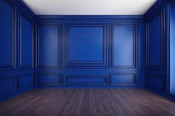 Fotobehang Illustration mockup of a contemporary classic royal blue vacant interior with wooden floors and wall panels. Generative AI © 2rogan