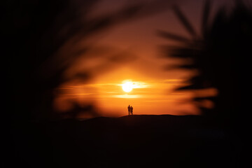 Obraz na płótnie Canvas Silhouette of a couple on a tropical beach at sunset