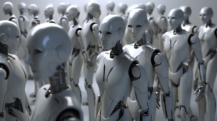Crowd of white android robots, showcasing advanced AI, machine learning, and automation in a sci-fi setting. Humanoid robots as robotic workforce and the growing impact of Industry 4.0 Generative AI