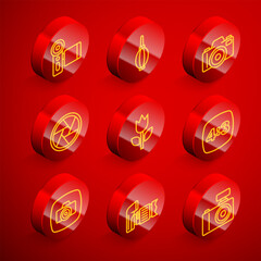 Set line Cinema camera, Dust blower, Photo, Camera shutter, mode macro, frame 4, and icon. Vector