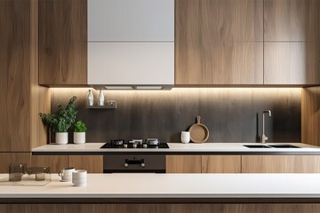Modern kitchen countertops and cabinets with a minimal design. Generative AI