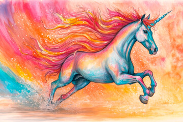 Fototapeta na wymiar Watercolored pencil art of a colorful unicorn. AI generated.