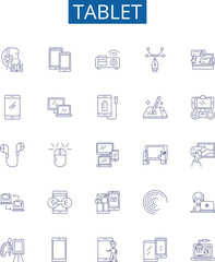 Tablet line icons signs set. Design collection of Tablet, iPad, Android, Samsung, Fire, Windows, Kindle, Computer outline concept vector illustrations