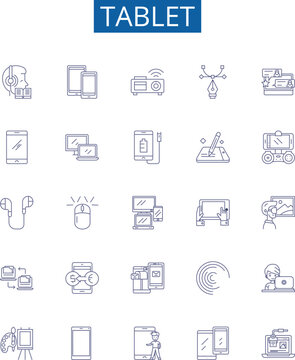 Tablet line icons signs set. Design collection of Tablet, iPad, Android, Samsung, Fire, Windows, Kindle, Computer outline concept vector illustrations