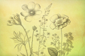 Old vintage paper with flowers drawn in pencil. Floral pattern on retro wallpaper.Sheet of vintage botanist notebook.