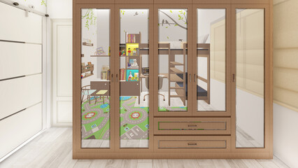 Kids bedroom with closets and mirror 3d rendering
