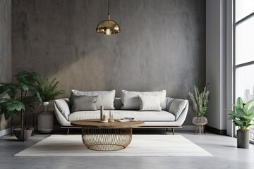 Interior design image of a gray wall mockup with an elaborate coffee table, a decorative plant with a ceiling lamp, and a contemporary white sofa. Generative AI