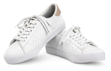 White leather sneakers with shoelaces bows isolated on transparent background with shadow. Full...